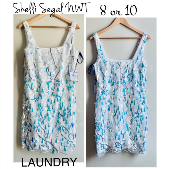 NWT LAUNDRY Shelli Segal white spangle shimmer dress shift mesh square 8 10 12 - Picture 3 of 16